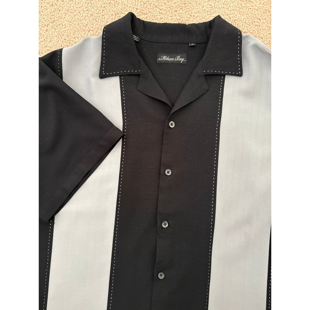 Milano Bay Mens Bowling Shirt XL Black Gray Pick Stitch Retro Camp Button Down